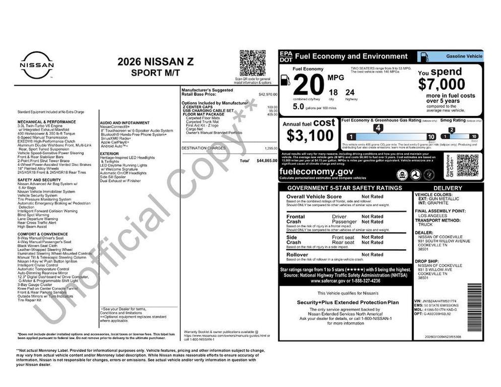 new 2026 Nissan Z car, priced at $42,900