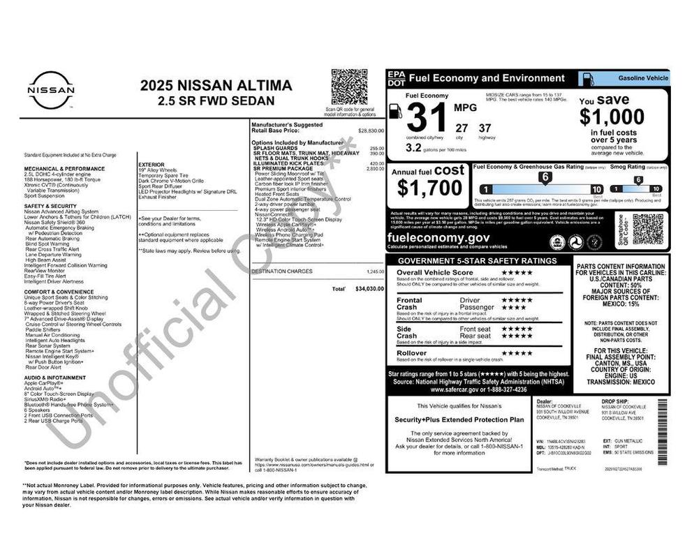 new 2025 Nissan Altima car, priced at $25,998