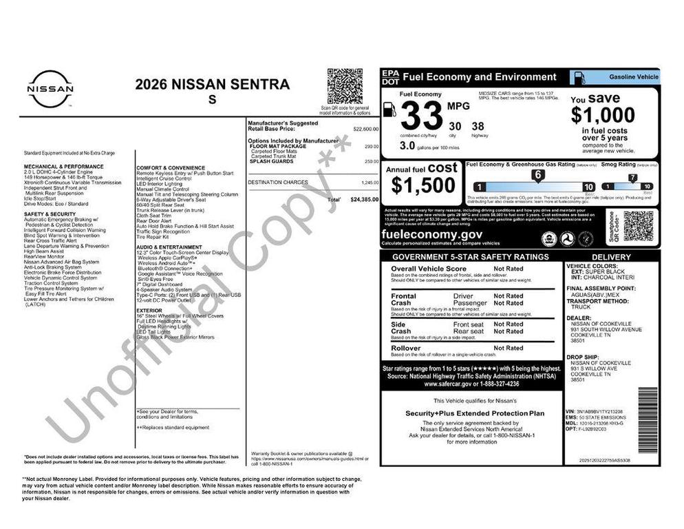 new 2026 Nissan Sentra car, priced at $22,267