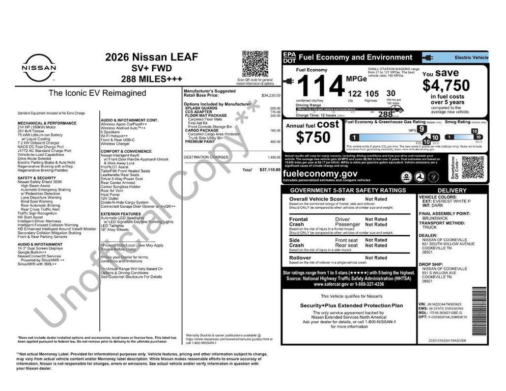 new 2026 Nissan Leaf car, priced at $35,444