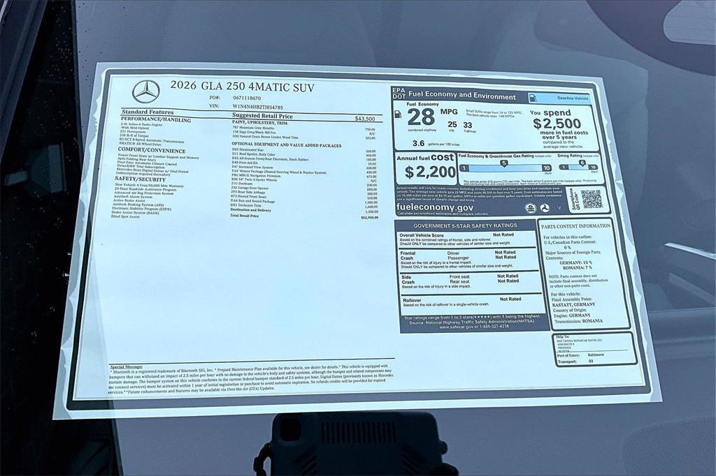 new 2026 Mercedes-Benz GLA 250 car, priced at $52,950