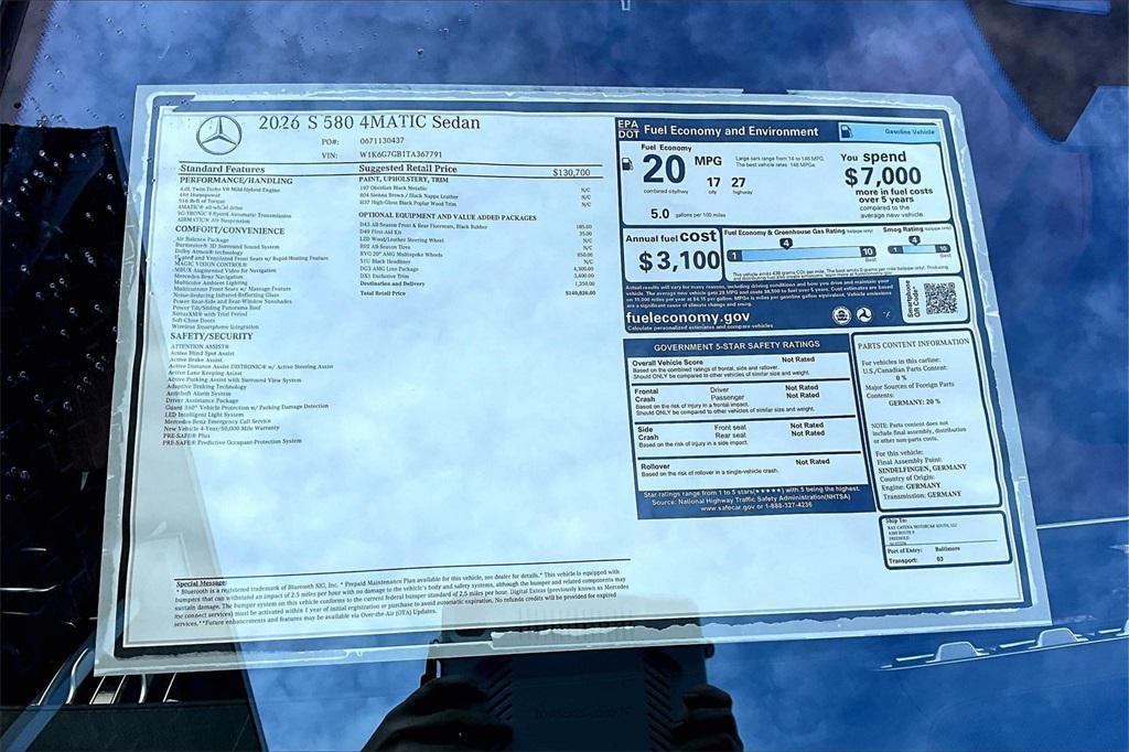 new 2026 Mercedes-Benz S-Class car, priced at $140,820