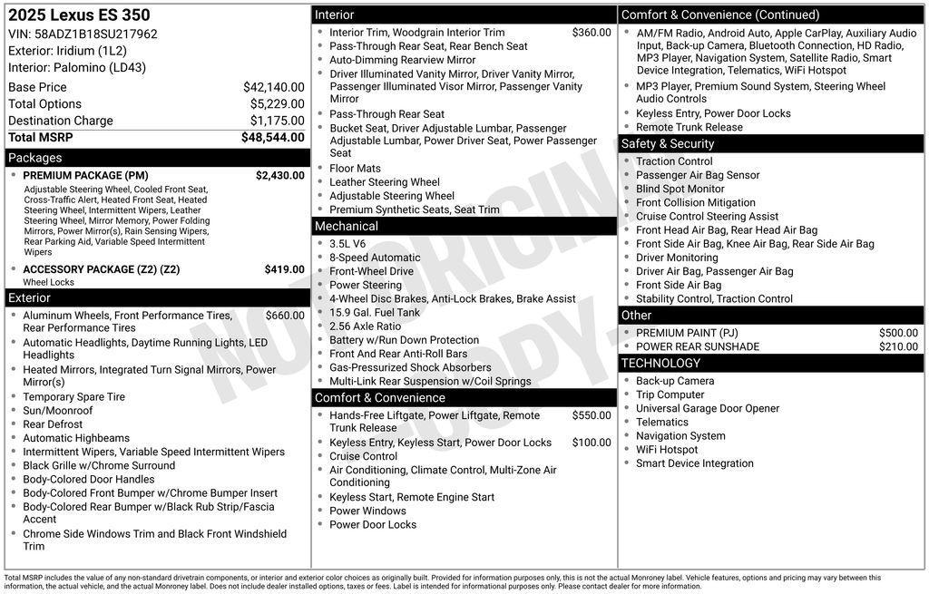 new 2025 Lexus ES 350 car, priced at $50,193