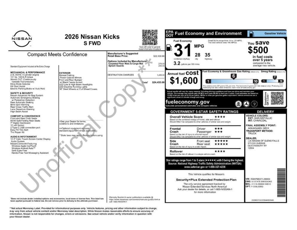 new 2026 Nissan Kicks car, priced at $23,674