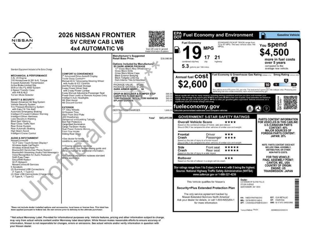 new 2026 Nissan Frontier car, priced at $40,915