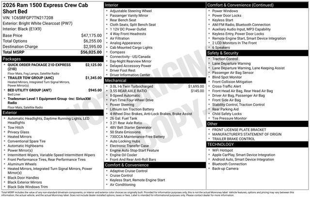 new 2026 Ram 1500 car, priced at $49,380