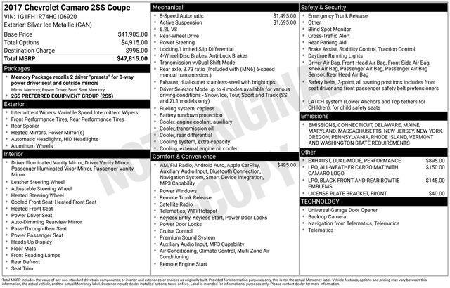 used 2017 Chevrolet Camaro car, priced at $30,500