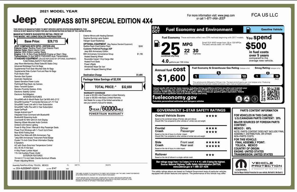 used 2021 Jeep Compass car, priced at $20,294