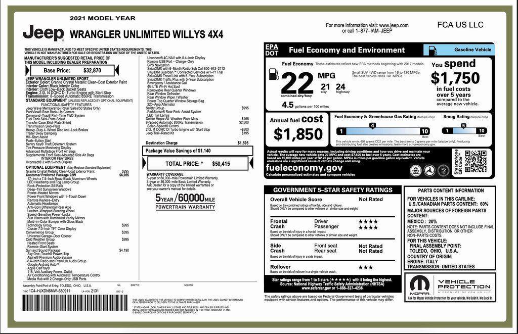 used 2021 Jeep Wrangler car, priced at $27,894