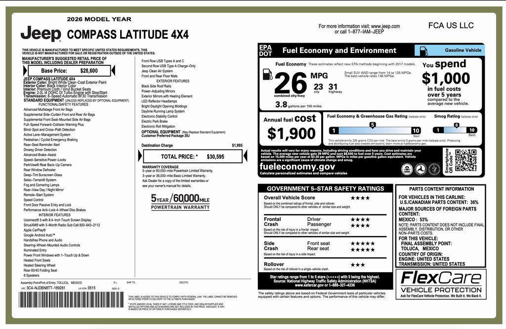 new 2026 Jeep Compass car, priced at $26,595