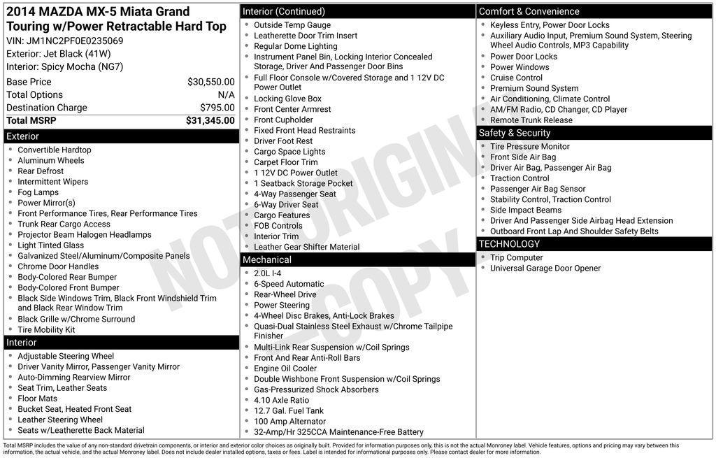 used 2014 Mazda MX-5 Miata car, priced at $18,000