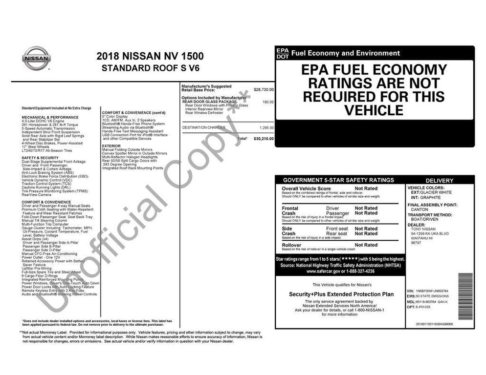 used 2018 Nissan NV Cargo NV1500 car, priced at $16,500