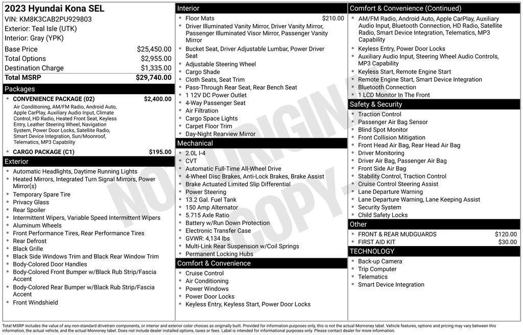 used 2023 Hyundai Kona car, priced at $23,500