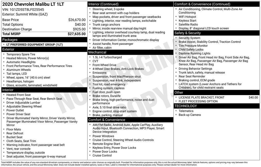 used 2020 Chevrolet Malibu car, priced at $16,500