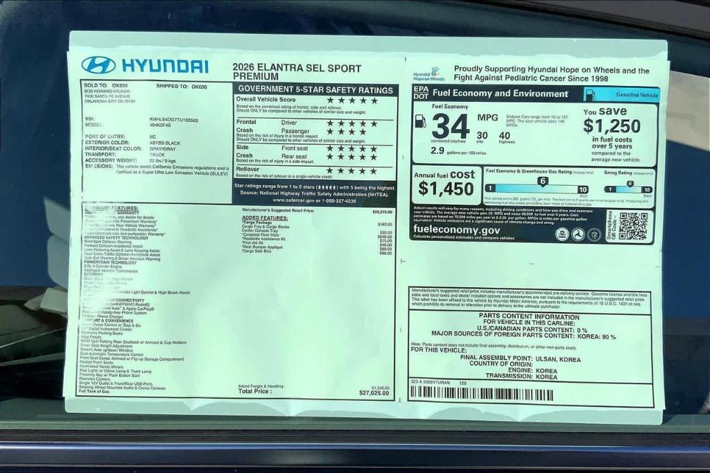 new 2026 Hyundai Elantra car, priced at $24,593