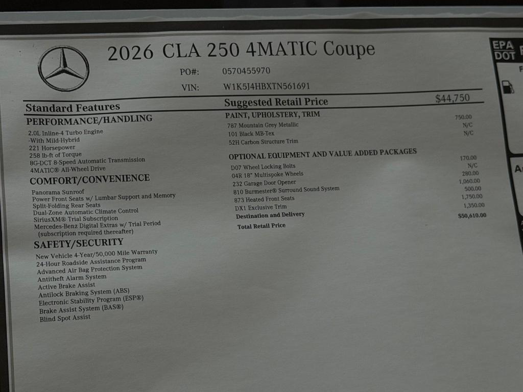 new 2026 Mercedes-Benz CLA 250 car, priced at $50,610