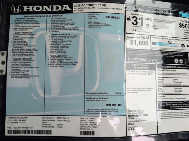 new 2026 Honda Accord car, priced at $31,890