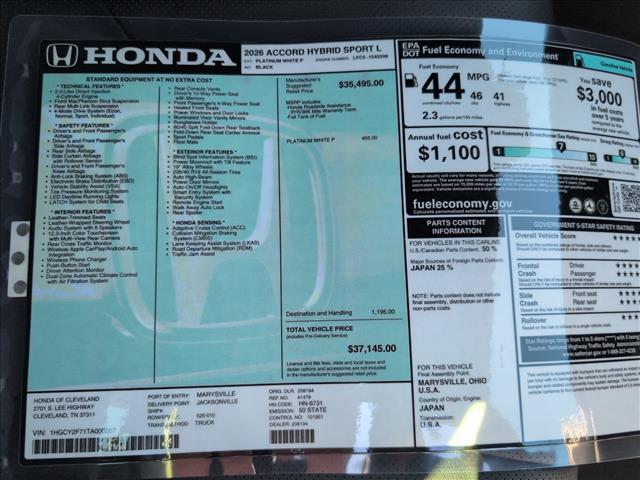 new 2026 Honda Accord Hybrid car, priced at $37,145