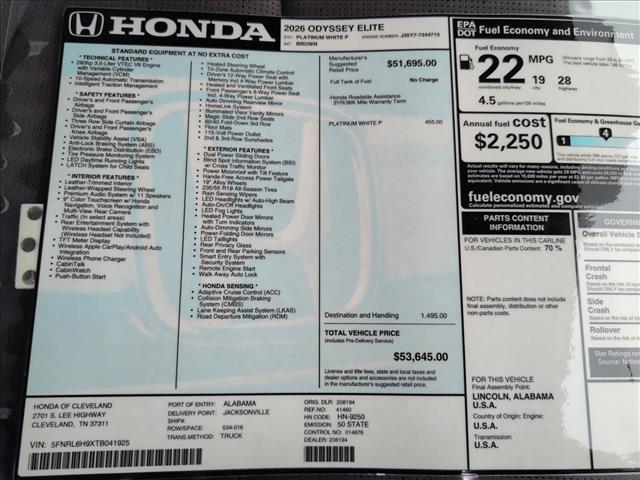 new 2026 Honda Odyssey car, priced at $53,645