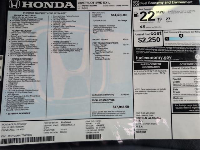 new 2026 Honda Pilot car, priced at $47,945