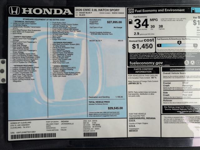 new 2026 Honda Civic car, priced at $29,545