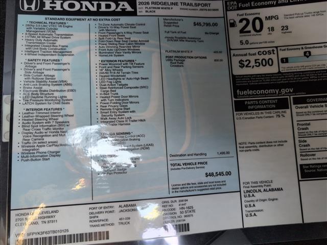 new 2026 Honda Ridgeline car, priced at $48,545