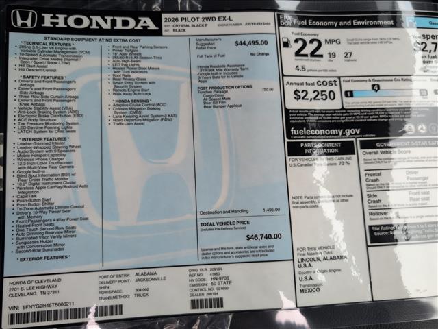 new 2026 Honda Pilot car, priced at $46,740