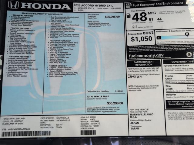 new 2026 Honda Accord Hybrid car, priced at $36,290