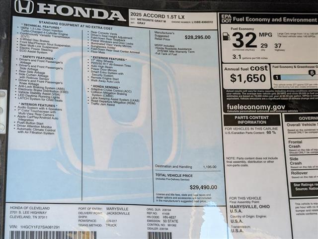 new 2025 Honda Accord car, priced at $29,490