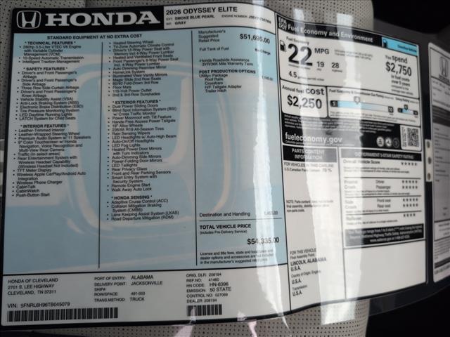 new 2026 Honda Odyssey car, priced at $54,335