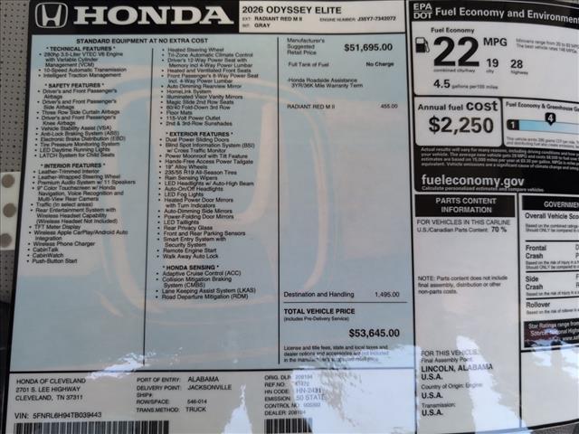 new 2026 Honda Odyssey car, priced at $53,645