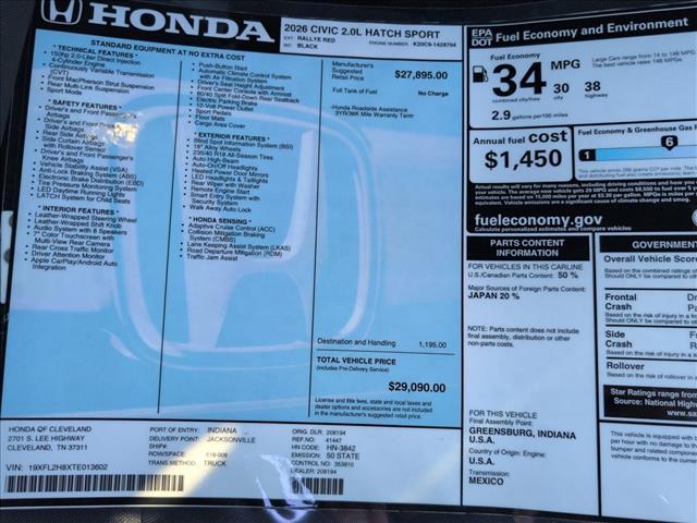 new 2026 Honda Civic car, priced at $29,093