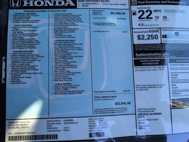 new 2026 Honda Odyssey car, priced at $53,645