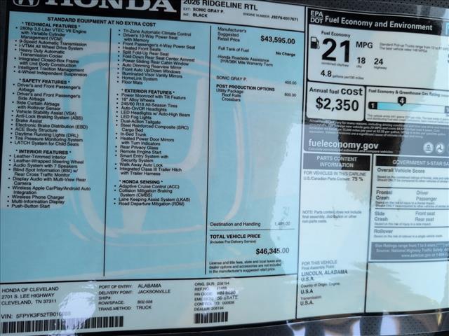 new 2026 Honda Ridgeline car, priced at $46,345