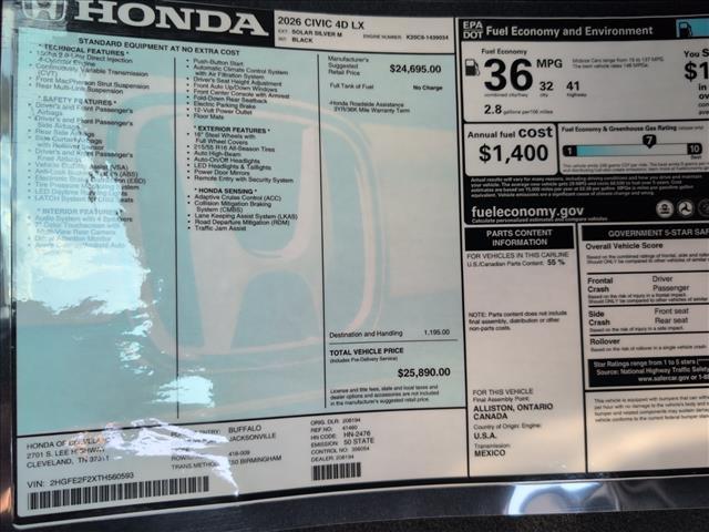 new 2026 Honda Civic car, priced at $25,890