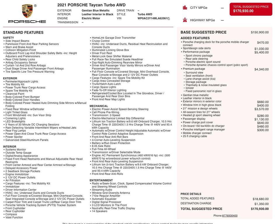 used 2021 Porsche Taycan car, priced at $82,980