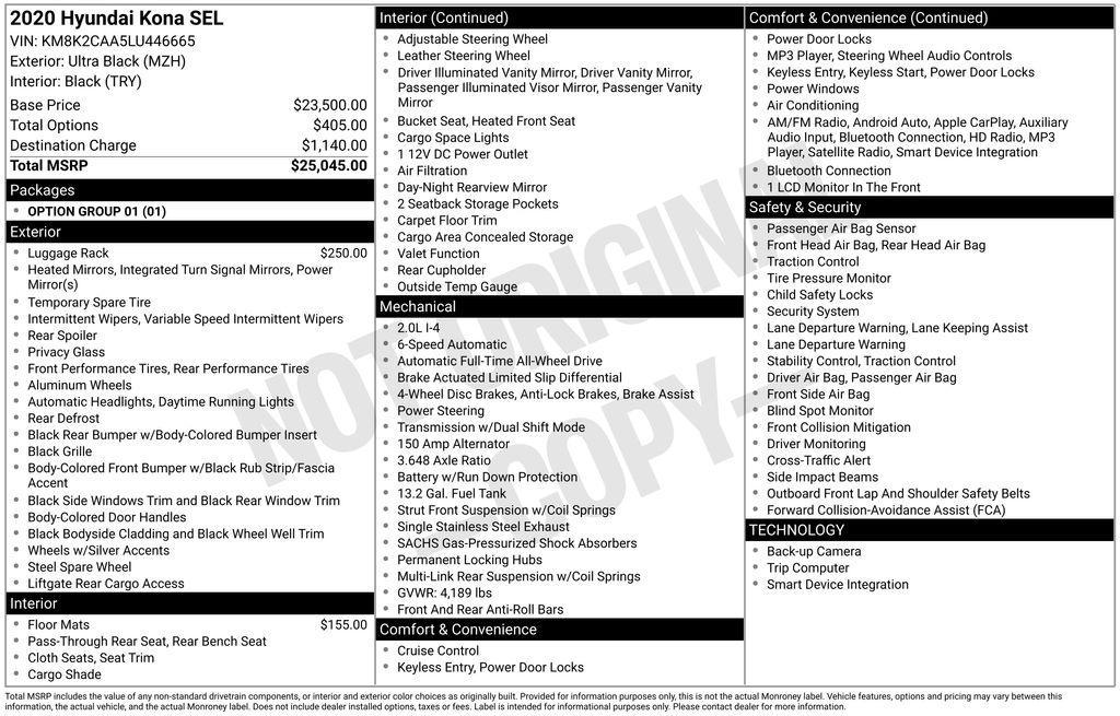 used 2020 Hyundai Kona car, priced at $11,248