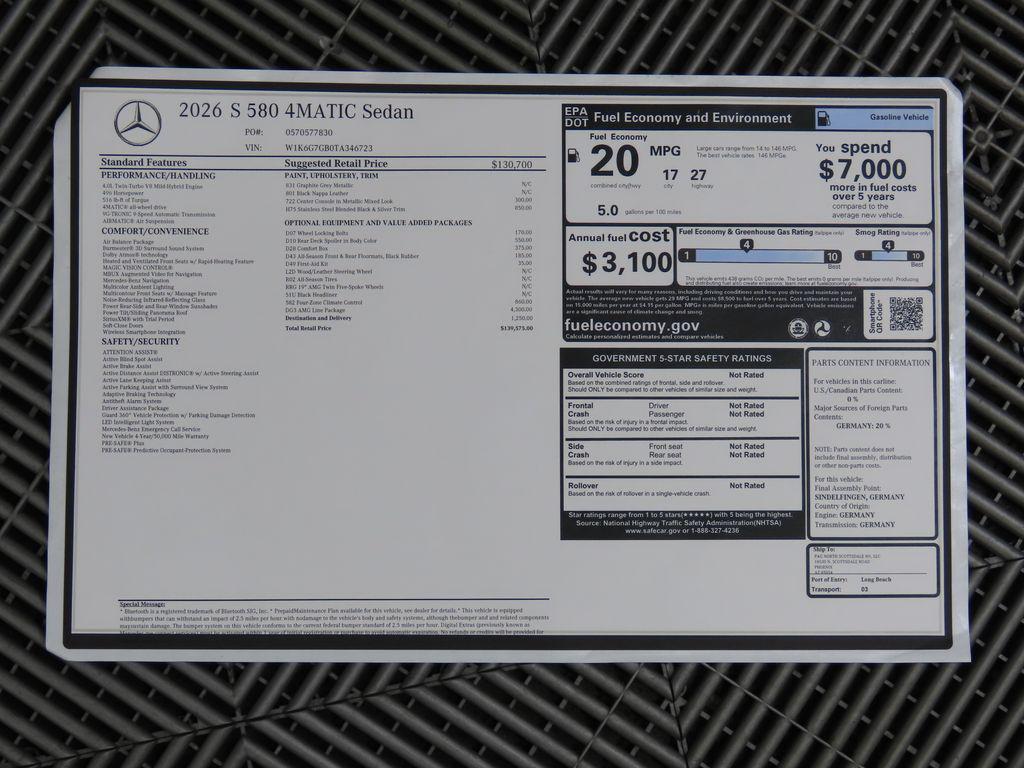 new 2026 Mercedes-Benz S-Class car, priced at $139,575