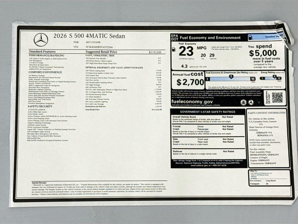 new 2026 Mercedes-Benz S-Class car, priced at $131,265