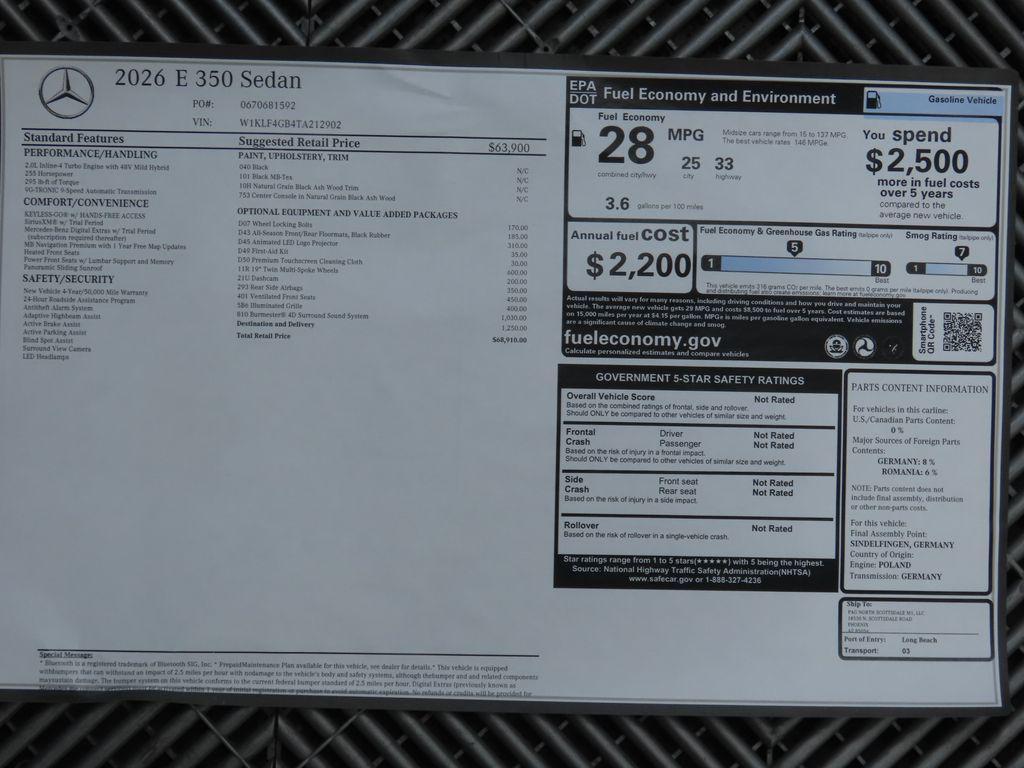 new 2026 Mercedes-Benz E-Class car, priced at $68,910