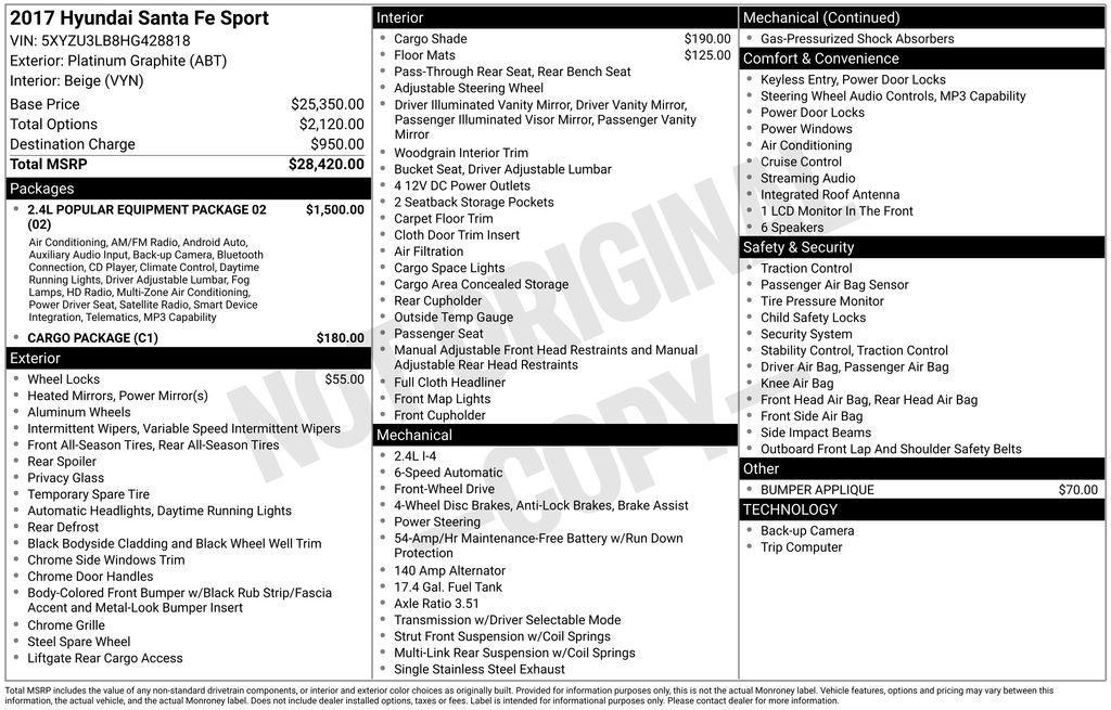 used 2017 Hyundai Santa Fe Sport car, priced at $10,895