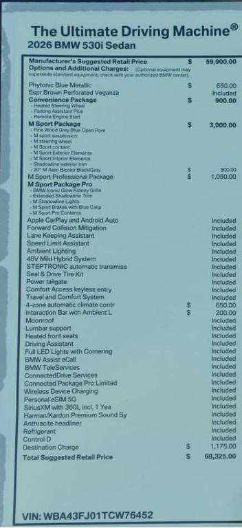 new 2026 BMW 530 car, priced at $68,325