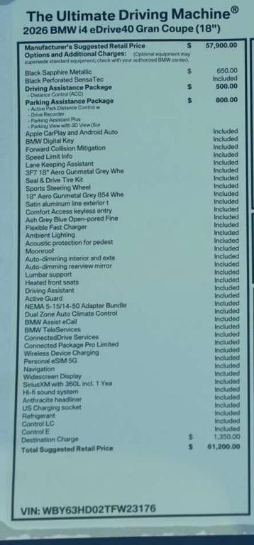 new 2026 BMW i4 Gran Coupe car, priced at $61,200