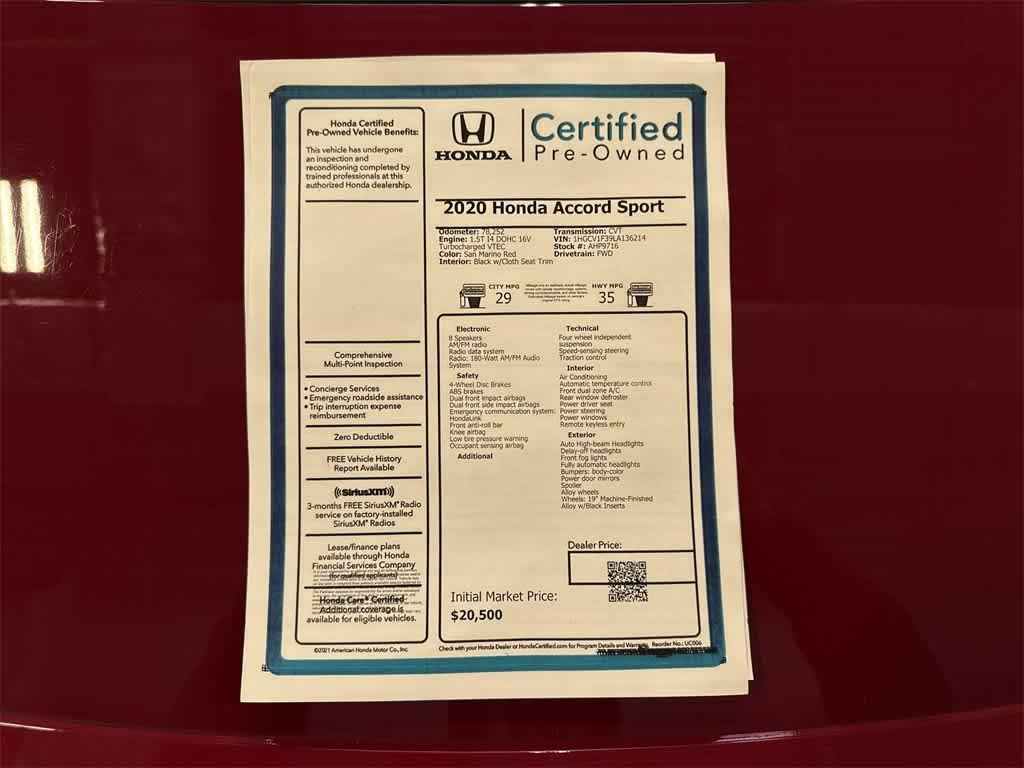 used 2020 Honda Accord car, priced at $18,792