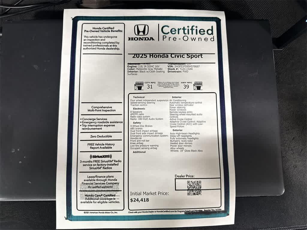 used 2025 Honda Civic car, priced at $23,990
