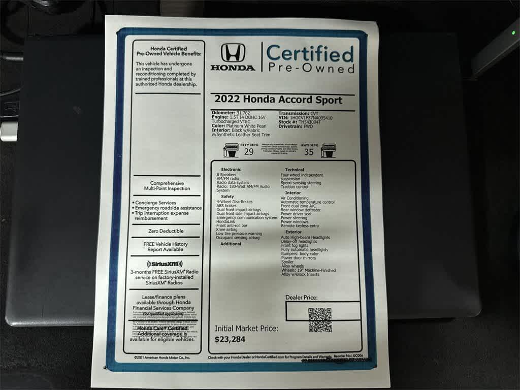 used 2022 Honda Accord car, priced at $23,091