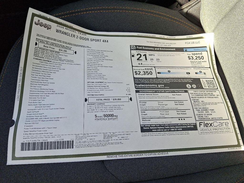 new 2026 Jeep Wrangler car, priced at $38,850