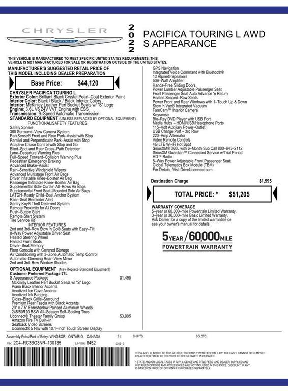 used 2022 Chrysler Pacifica car, priced at $31,574