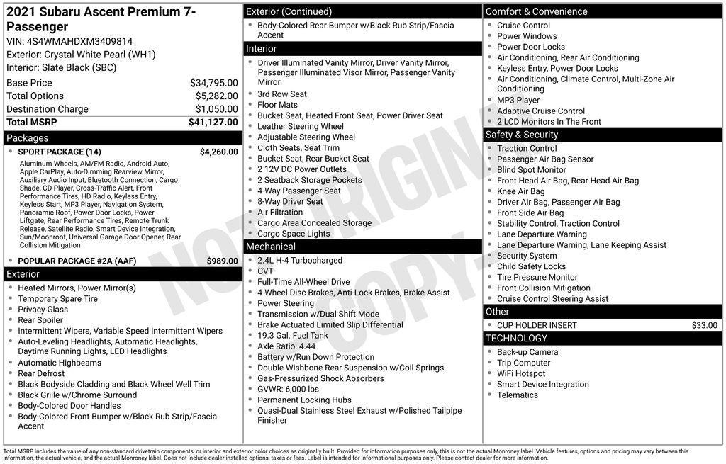 used 2021 Subaru Ascent car, priced at $23,702