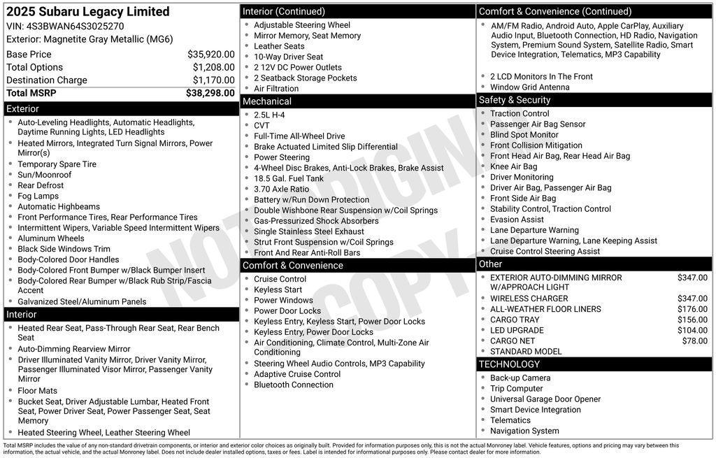 new 2025 Subaru Legacy car, priced at $38,227